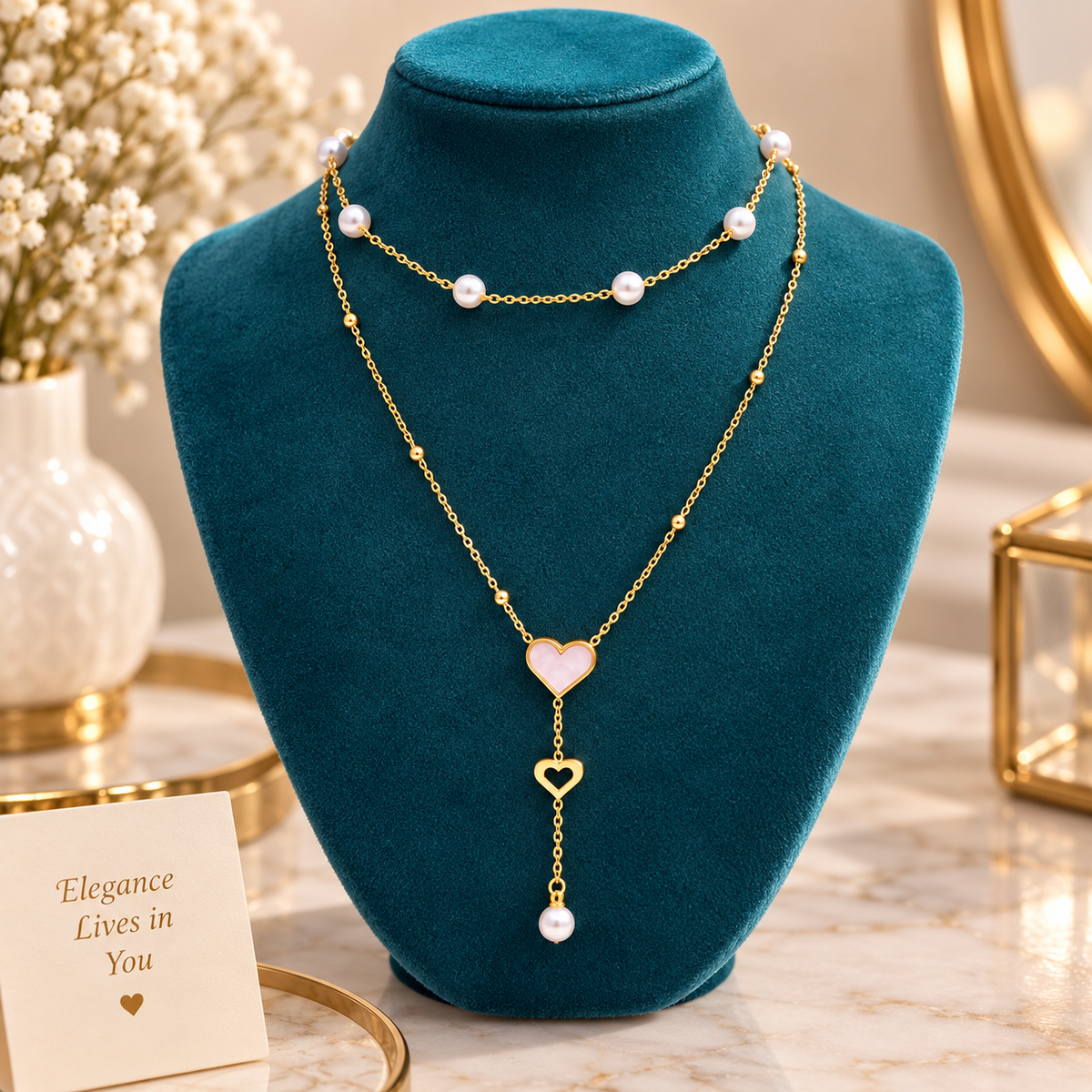 t Pearl Heart Layered Necklace for Women